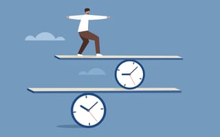 vector image of a man balancing on two clocks