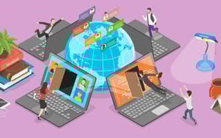 animated image of four laptops surrounding a globe and with people and objects around them