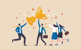 Illustration of a group of workers in officewear holding up giant trophy