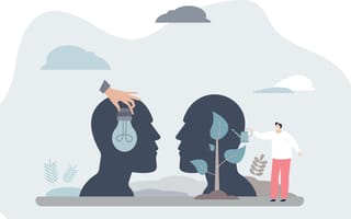 Illustration of two head silhouettes with a lightbulb and growing plant in the foreground