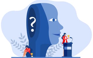 Illustration of an anxious businesswoman under a question mark next to a confident businesswoman at a podium