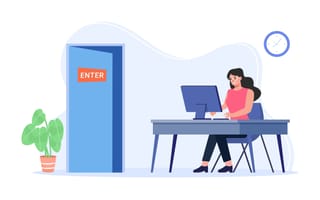 Illustration of a worker sitting at a desk in front of an open office door