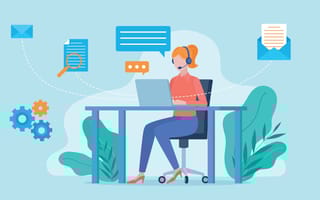 An illustration of a woman with a headset at a desk surrounded by email symbols