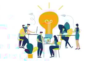 Vector illustration of workers surrounding an idea lightbulb, concept of searching for new ideas and solutions/brainstorming.
