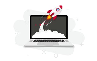 Illustration of rocket ship launching from laptop computer