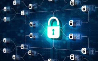ockchain technology with diagram of chain and encrypted blocks on abstract background