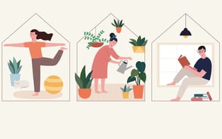 Stock illustration of people in homes doing hobbies