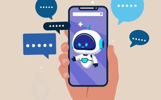 A cartoon image of a hand holding a smartphone with a humanoid robot on the screen and text bubbles floating around, as if the robot is talking.