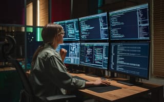 woman in front of wall of computer monitors
