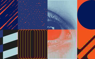 Artistic rendering of abstract design. Blue and orange images are contained in two rows of colorful squares.