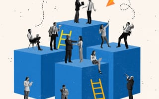 An abstract image conveys the idea of collaboration. Various corporate business people traverse a blue structure.