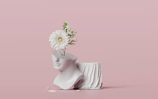 Bust sculpture with white flowers bouquet on a pastel pink background.