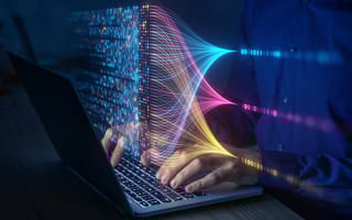 Data science and big data technology. Scientist computing, analysing and visualizing complex data set on computer. Data mining, artificial intelligence, machine learning, business analytics.
