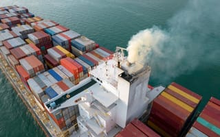 A freight ship sails with several cargo containers onboard.