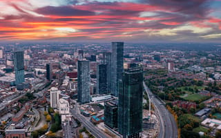 An aerial view of the city of Manchester, England.