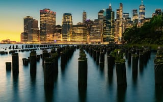 A landscape of the NYC financial district from the harbor.