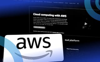A smartphone displays the AWS logo in front of a laptop with text about cloud computing