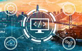 The San Francisco skyline with a graphical overlay of various elements of product development.