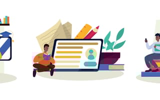 An illustration of three people learning in front of large screens.