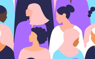 Illustrated side profiles of various women overlapping in a colorful montage.