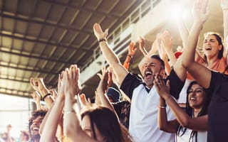 A crowd of cheering sports fans is pictured.