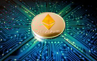 One Ethereum coin on a background of blue circuit board pattern
