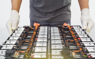 A person holds a tray of lithium-ion batteries.