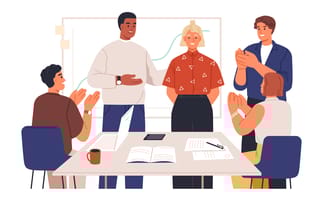 Several coworkers applaud an employee for their good work.
