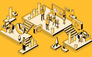 An illustration depicts an office environment with employees engaged in various activities, from analyzing data to discussing strategies.