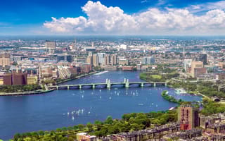 A panoramic aerial view of the Boston skyline.
