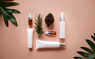 Peach background with fern leaves in the corners. Various tubes of beauty products are organized in a square in the middle.
