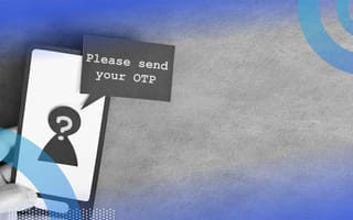 A close-up of a person’s hand holding a phone made out of construction paper with a blank figure with a question mark over them and a speech bubble saying, “Please send your OTP.”