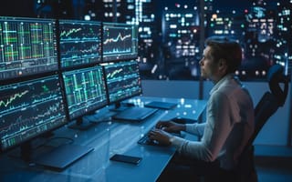 Financial analyst trade assets on multiple computer screens.