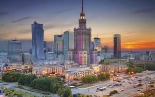 Image of Warsaw Skyline during sunset.