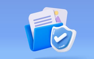 A blue file with a check mark, set on a light blue background.