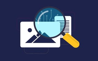 Illustration of a magnifying glass hovering over icons of an image and a document.