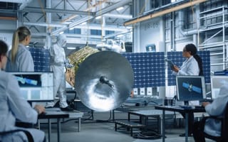 Engineers work on a satellite.