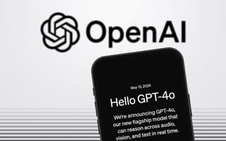 Photo of a smartphone with the GPT-4o homepage pulled up, and the OpenAI logo in the background.