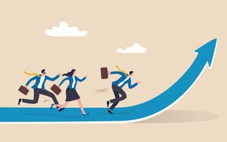 Illustrated image of three professionals in blue suits moving up along a blue arrow against a tan background.