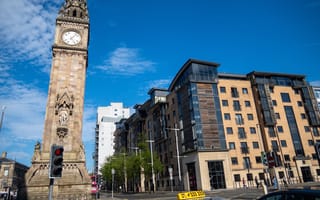 A clock tower in Belfast is shown