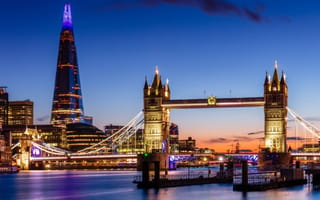 Tower Bridge in London at dusk.