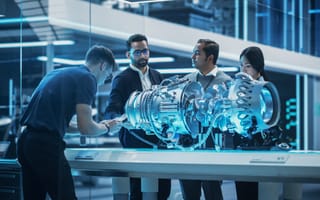 Team of aerospace engineers looking at a gas turbine engine.