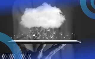 A cloud hovers above a tablet and rains data