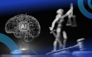 A holographic brain with a computer chip reading AI in its center. The brain is never to a judge’s gavel and in front of a figure holding a sword and scale.