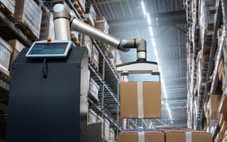 Autonomous robot moves packages in a warehouse.