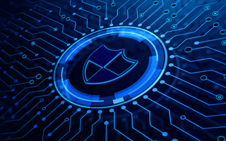 An illustration of a blue shield emblem surrounded by circuits.