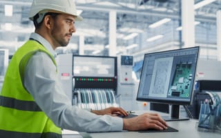 A man wearing a hard hat and bright green safety vest sits in front of a desktop computer.
