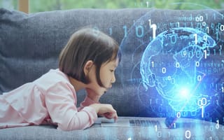 child looking at hologram