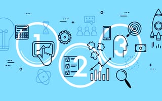 Charts and icons on a light blue background.