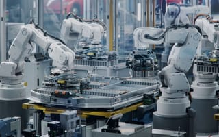 Set of robotic arms assemble a battery pack.